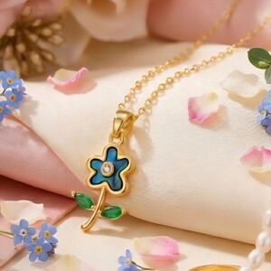 18K Gold Plated Blue Flower Necklace  Abalone Shell & Sparkling Zirconia Pendant